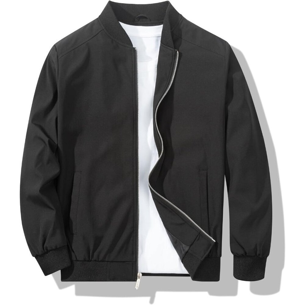 Men's Black Stylish Lightweight Windbreaker Spring Fall Casual Bomber Jacket